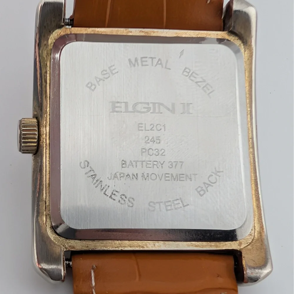 Elgin II EL2C1 Men's Rectangular Quartz Sunburst Dial Date Watch New Strap Y2K